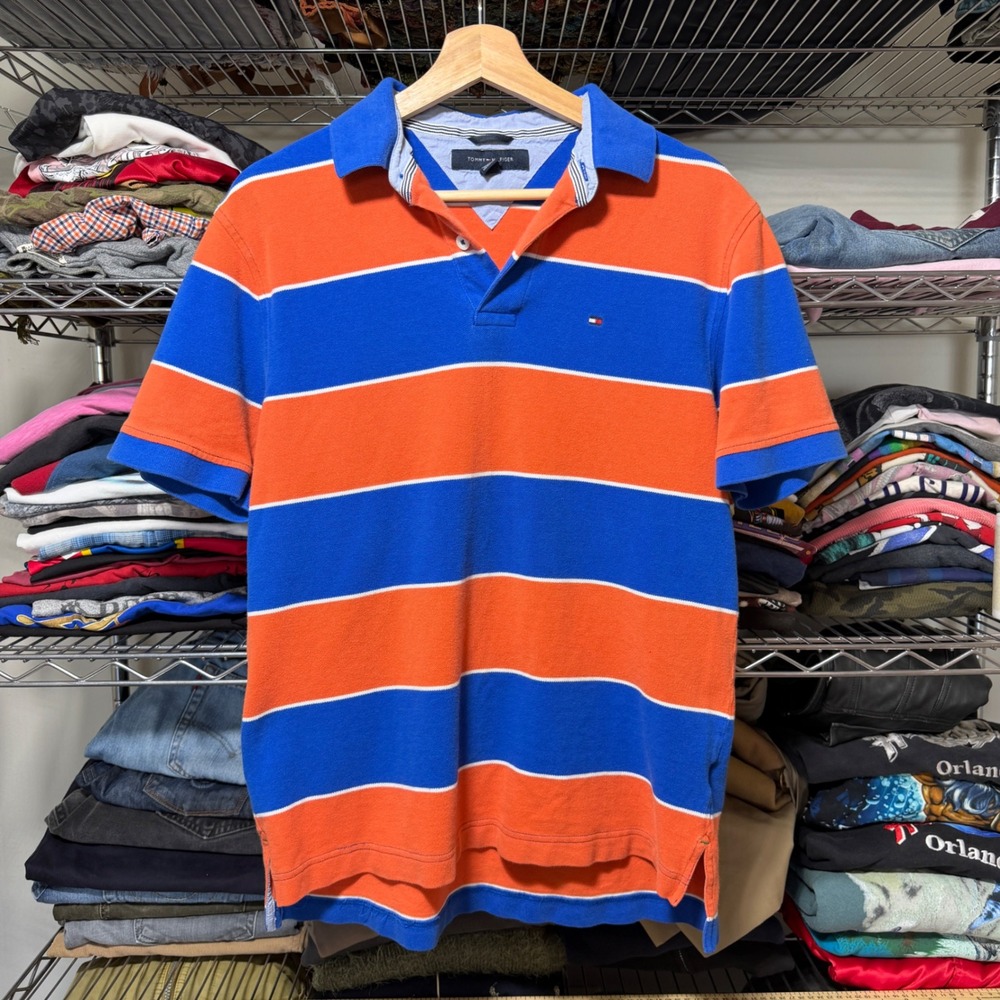 Tommy Hilfiger Polo Shirt Men's M Blue Orange Striped Cotton UF Gators Colorway